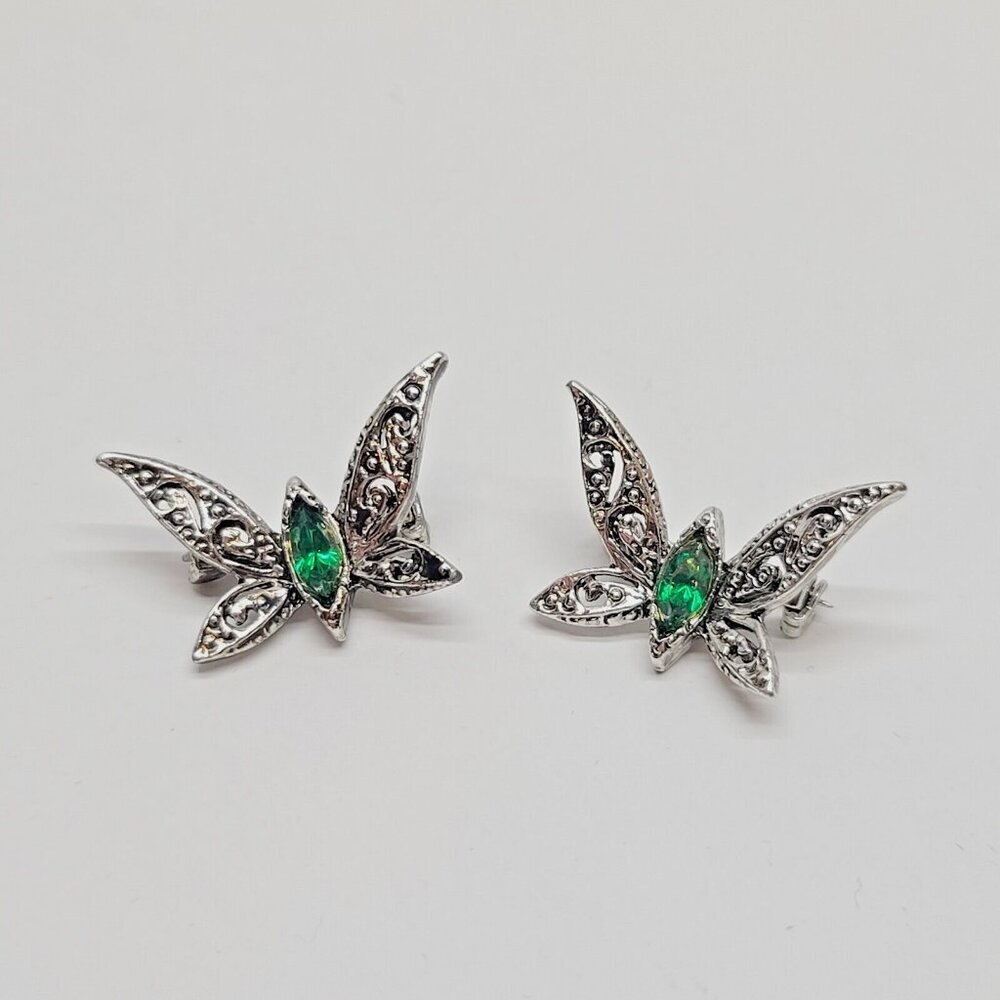 Vintage faux emerald green silver tone butterfly double pins. a pair, estate
